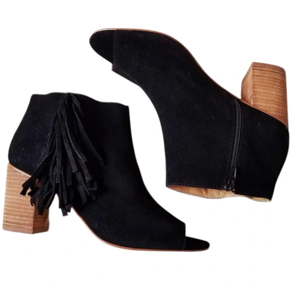 Kensie Erika Fringe Peep toe ankle boots, black leather,  side zip, 9.5